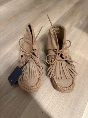 Zara Women's Beige Suede Fringe Moccasins with Stud Accents